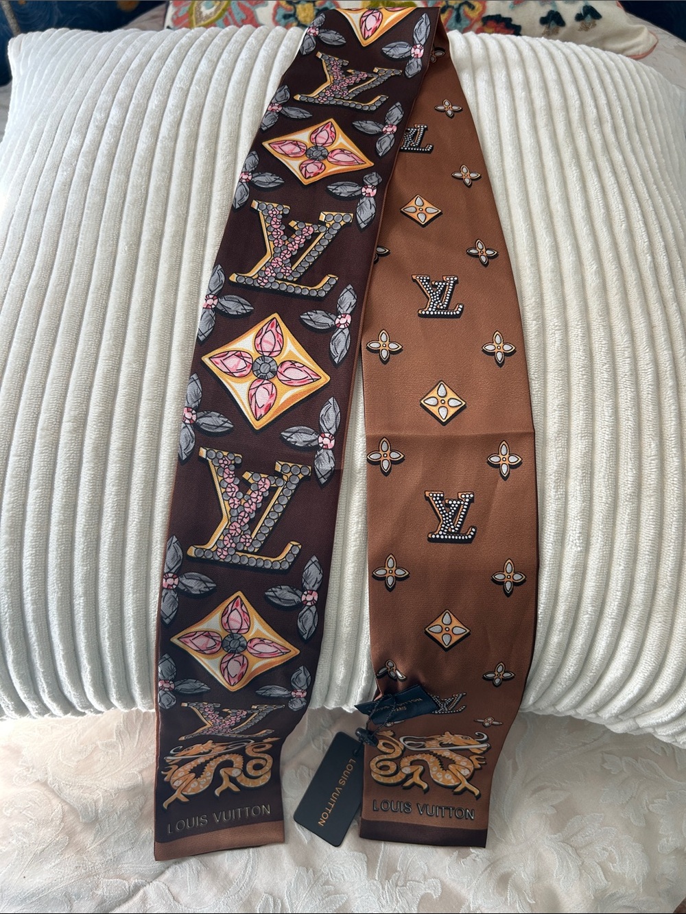 Brown & Dark Brown 100%Silk Double Sided Twilly or Scarf.